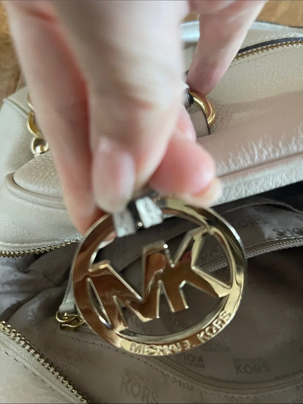 Michael Kors White Pebbled Leather Satchel with Gold Accent